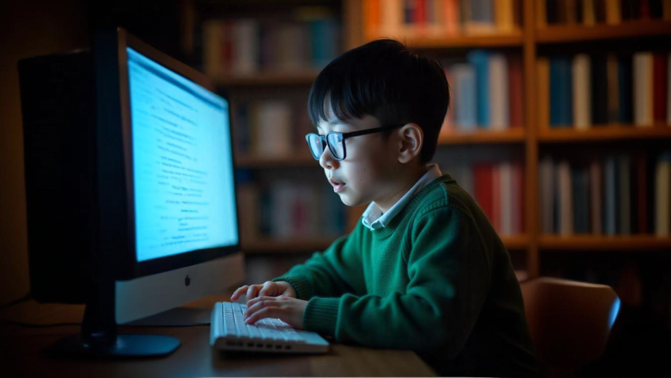 A 9-year-old boy with black hair, wearing glasses and a green sweater, focused on learning HTML on a desktop.