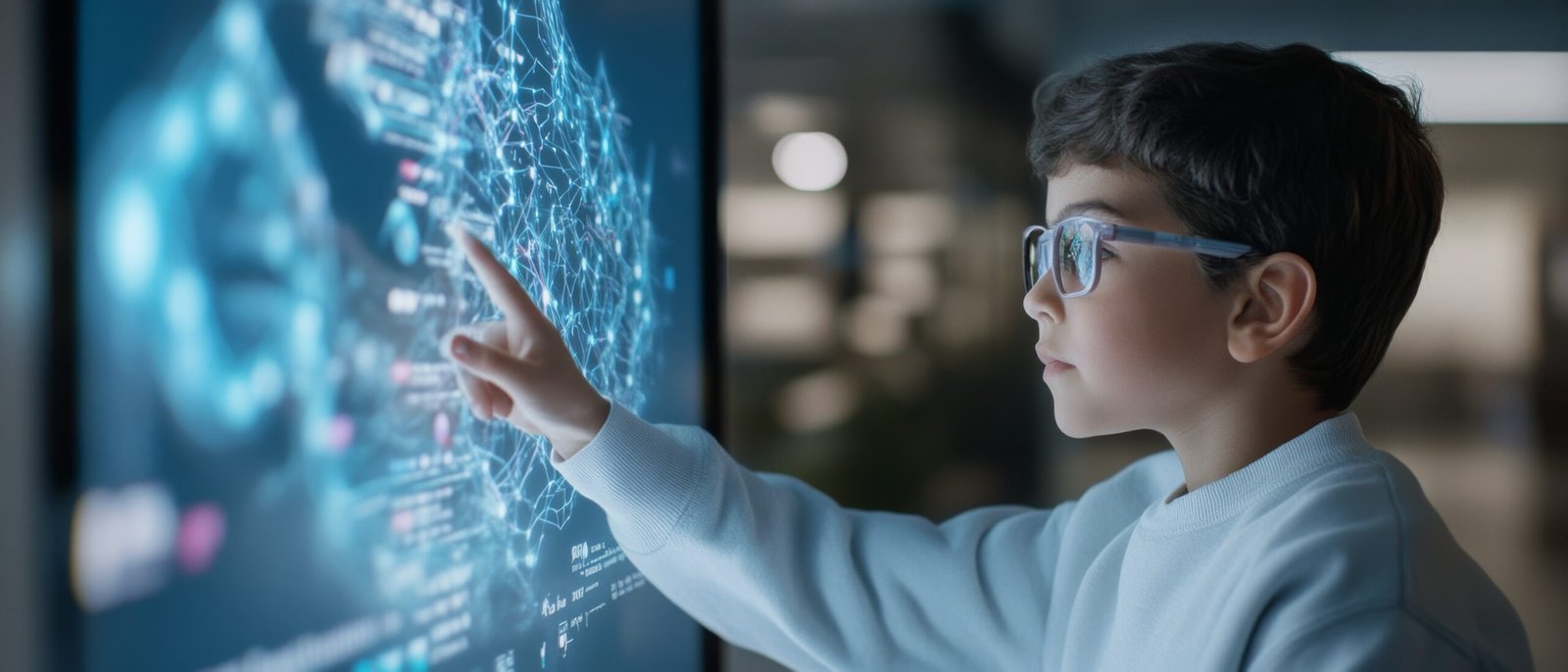 A child touching an interactive digital screen, embodying curiosity and the boundless potential of technology and learning.