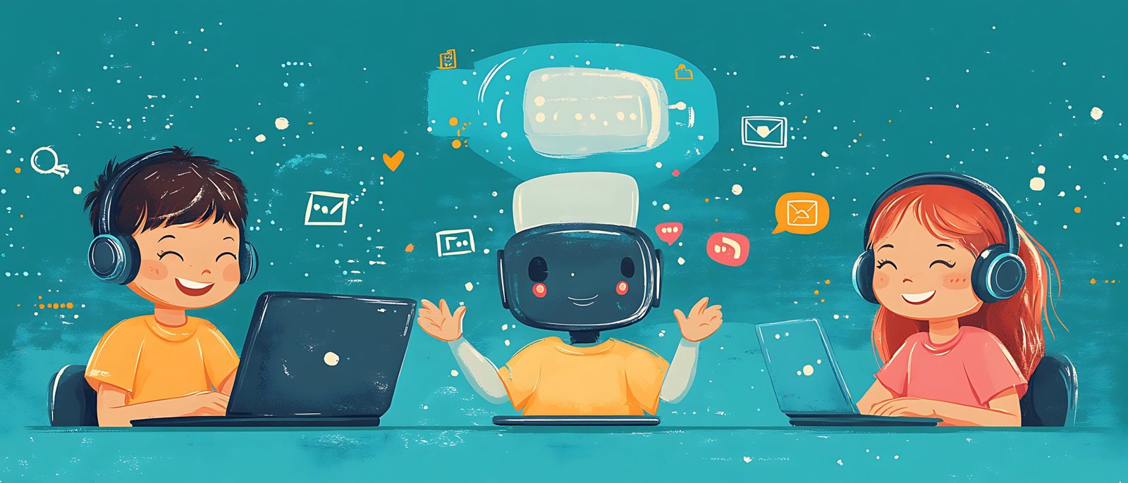 Happy children using laptops with a robot.